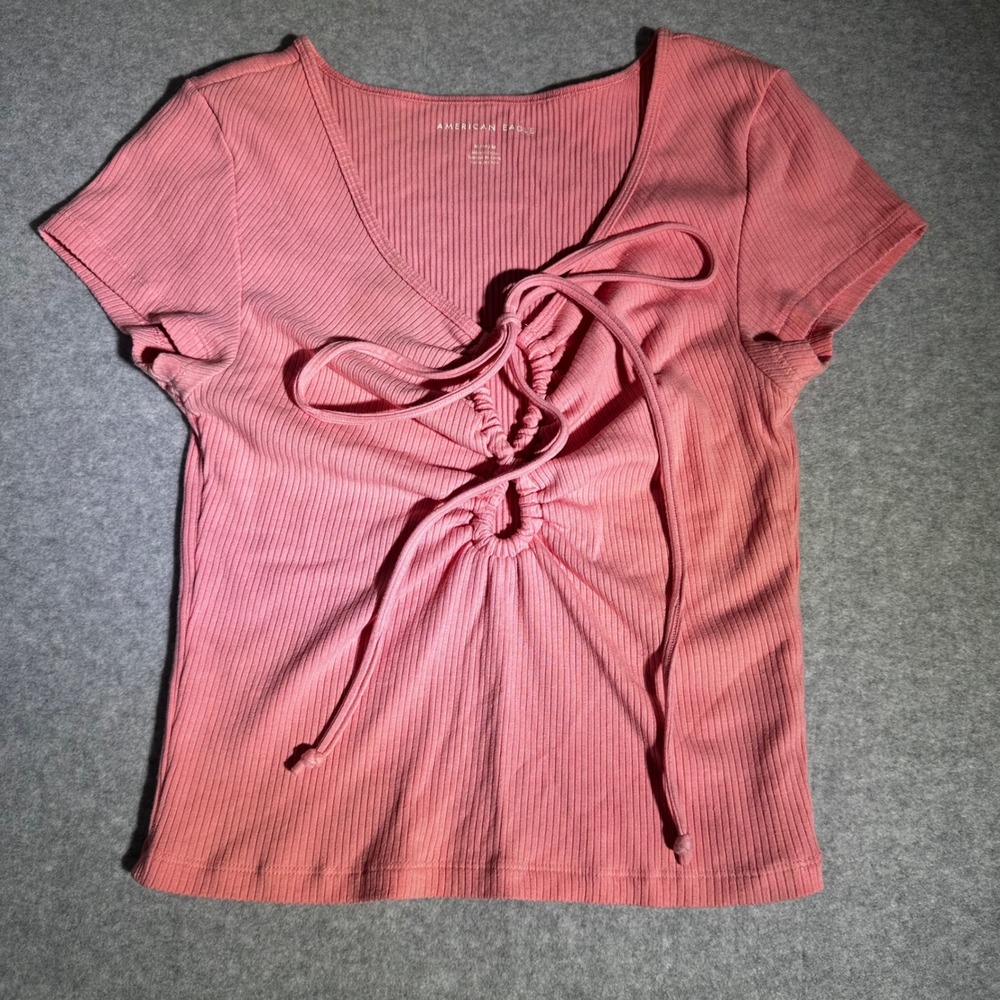 American Eagle Womens Coral Pink Ribbed Cinched Tie Front V-Neck Top Size M